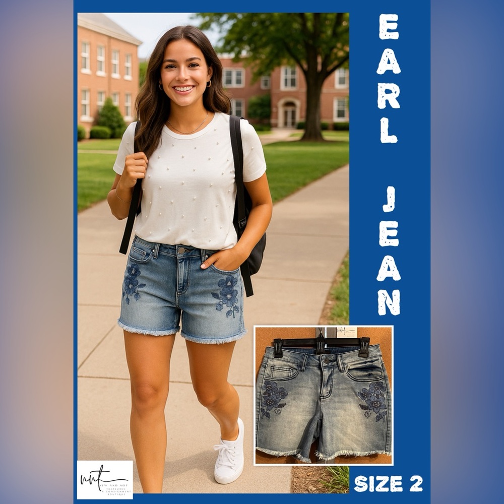 Earl Jean Denim Cut Off Floral Embroidered Blue Light Wash Shorts Size 2